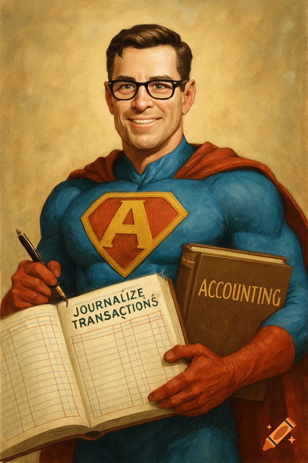 Painting of a superhero in a blue and red costume with glasses, holding open a ledger book and a book titled "ACCOUNTING".