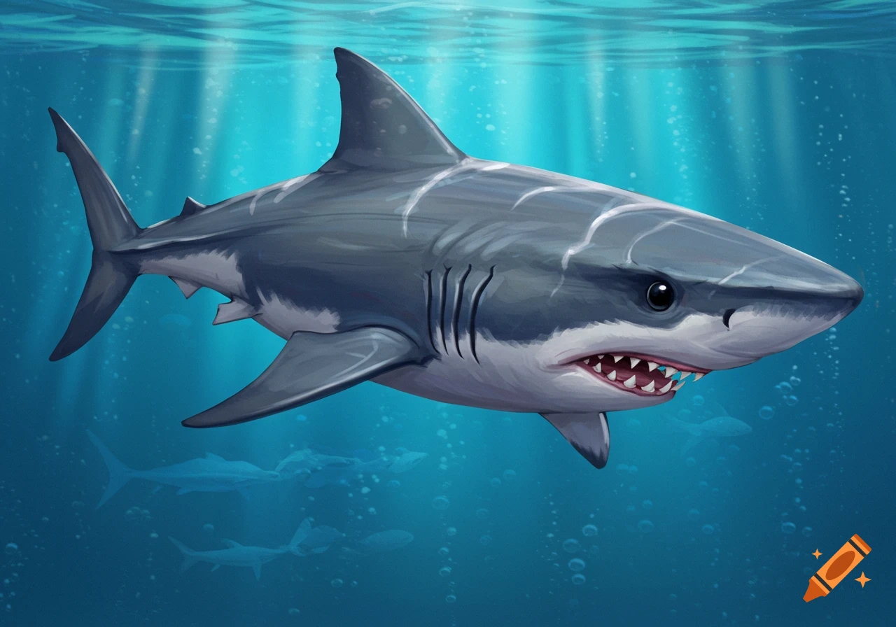 Illustration of a large gray shark swimming underwater