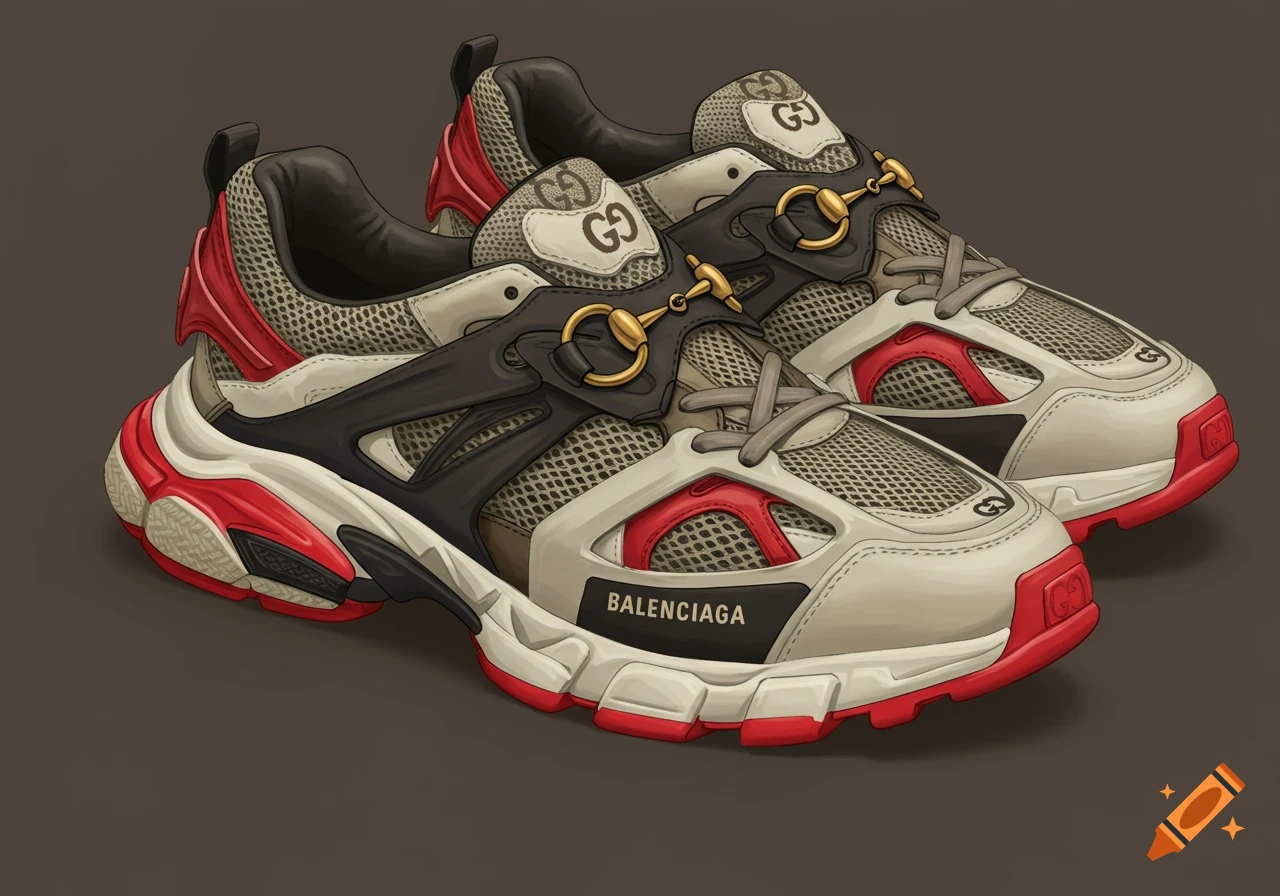 Stylized sneakers with red, black, and white details and brand logos.