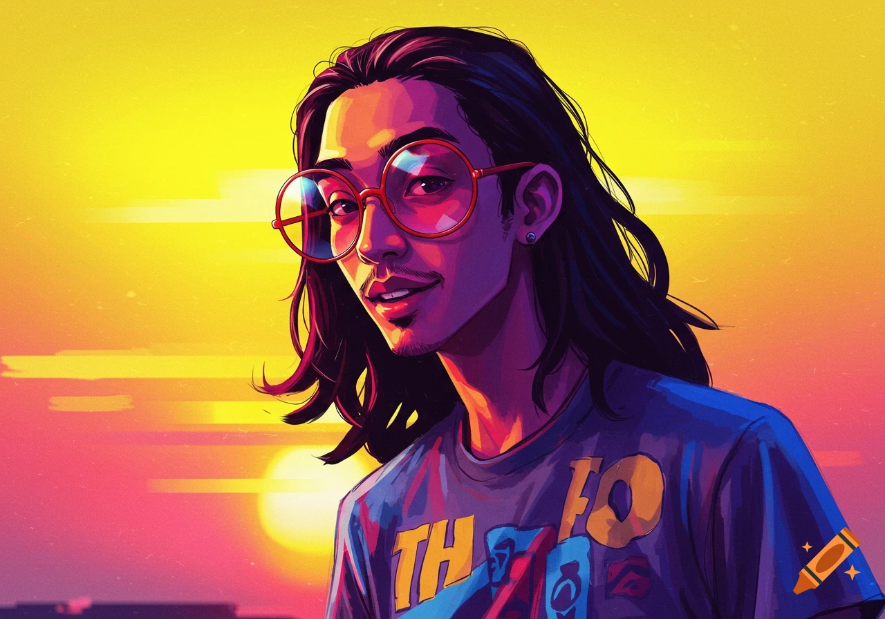 Illustration of a person with long hair and large red glasses in a vibrant sunset style.