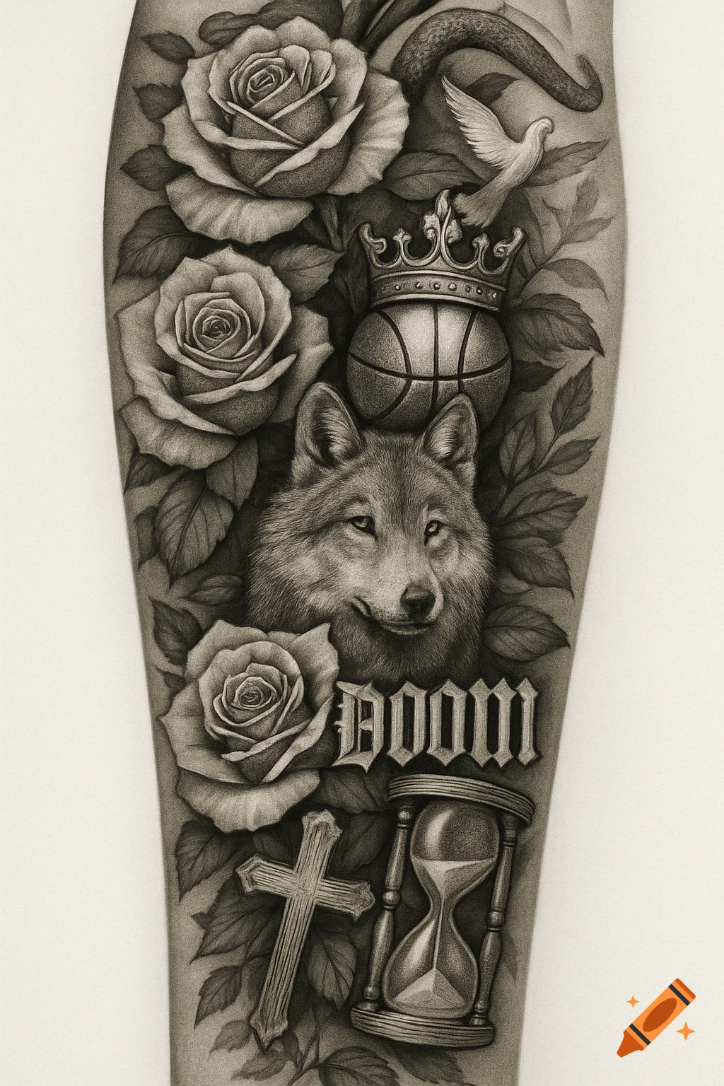 Black and white drawing of a tattoo design with roses, a wolf head, crowned basketball, cross, hourglass, and the text DOOM.