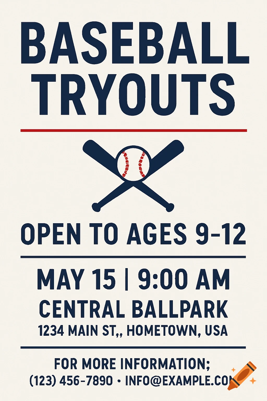 Flyer for baseball tryouts with details and crossed bats graphic.