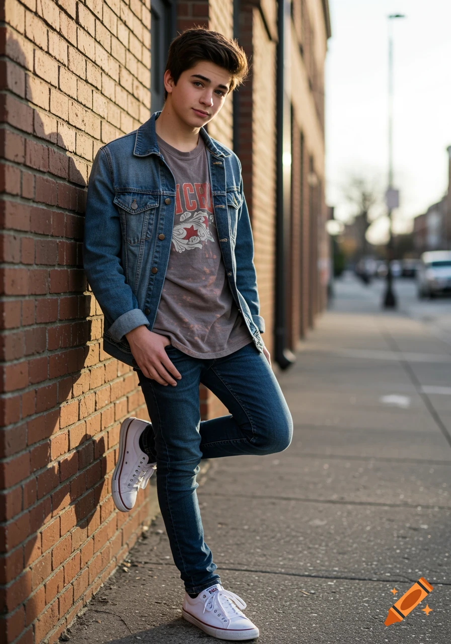A teenage boy in a denim jacket and t-shirt leans against a brick wall on a sunny street.