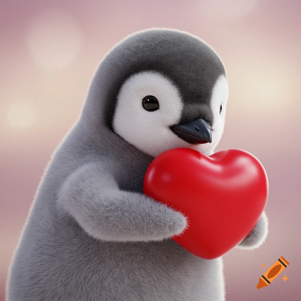 A fluffy baby penguin holds a red heart.