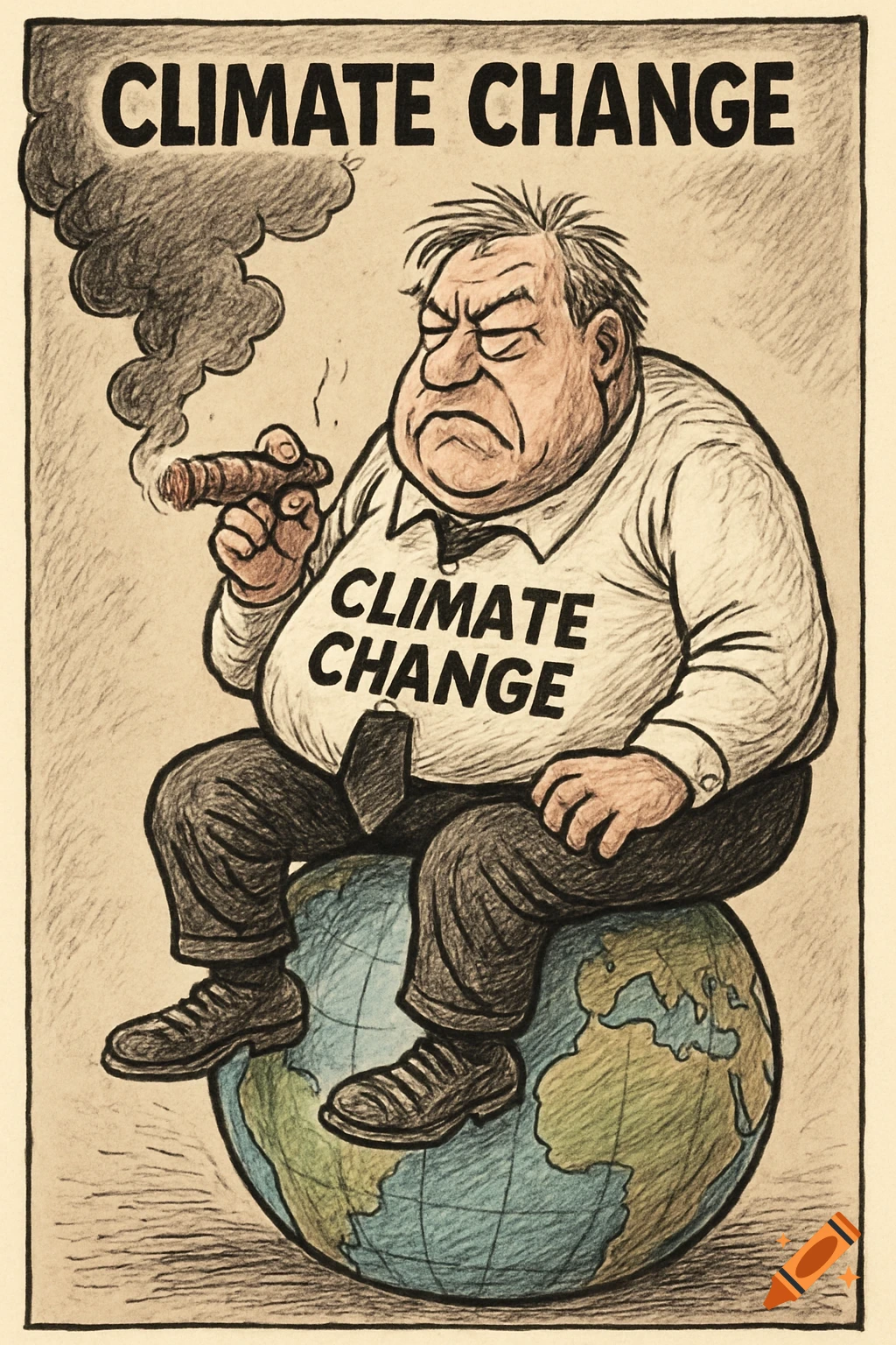 Political cartoon of a man smoking on the Earth with "CLIMATE CHANGE" text.