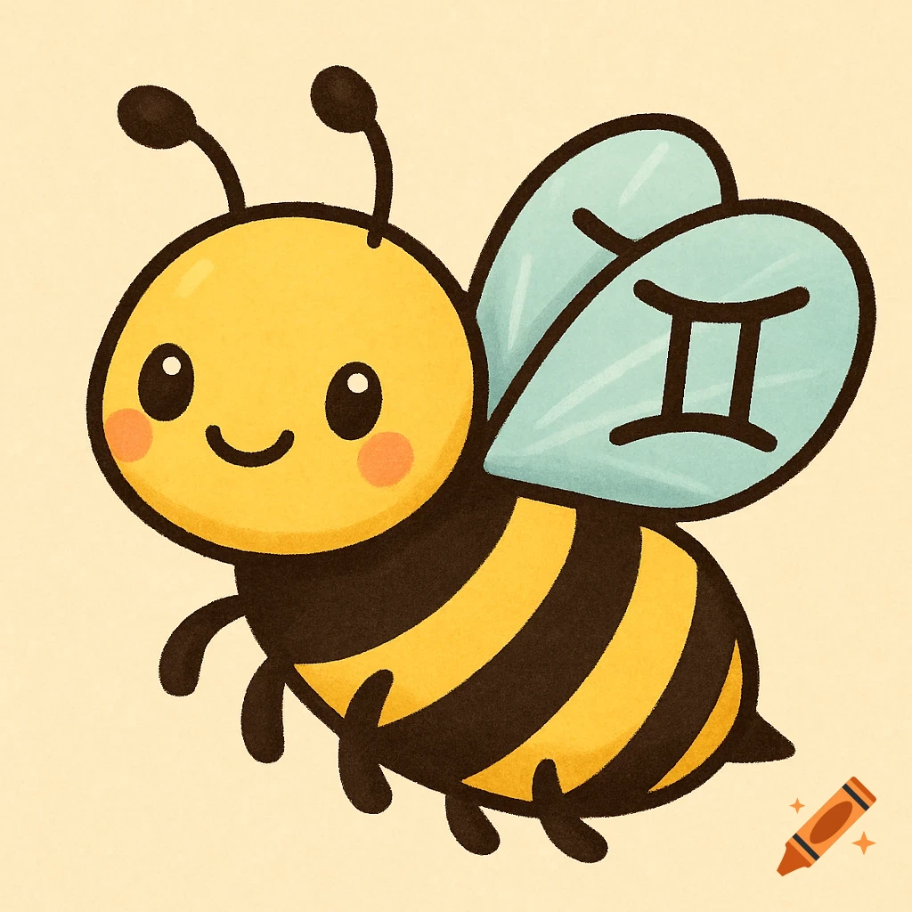 Cute cartoon bee with a Gemini symbol on its wing