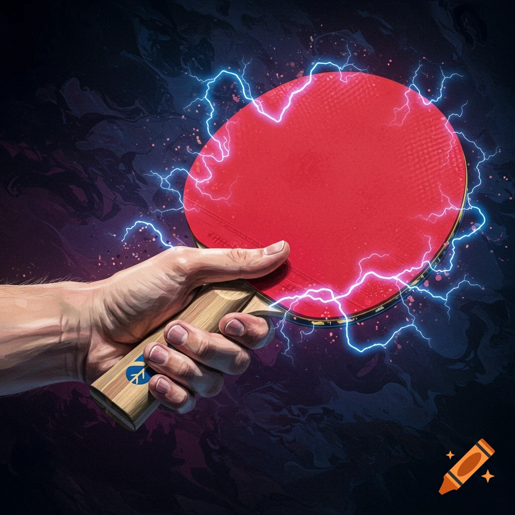 Hand holding a table tennis paddle crackling with lightning.