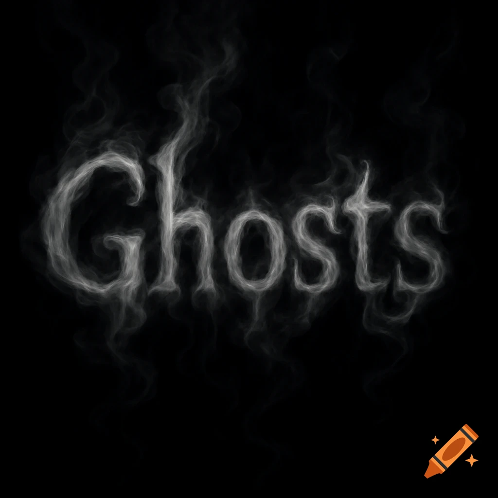 The word Ghosts formed by white smoke against a black background.