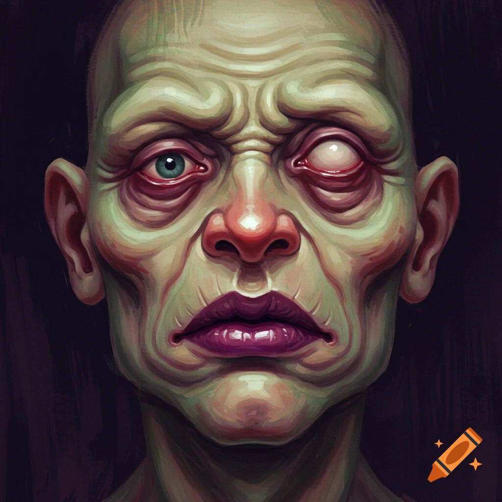 Stylized portrait of a grotesque bald face with green skin and a milky eye.