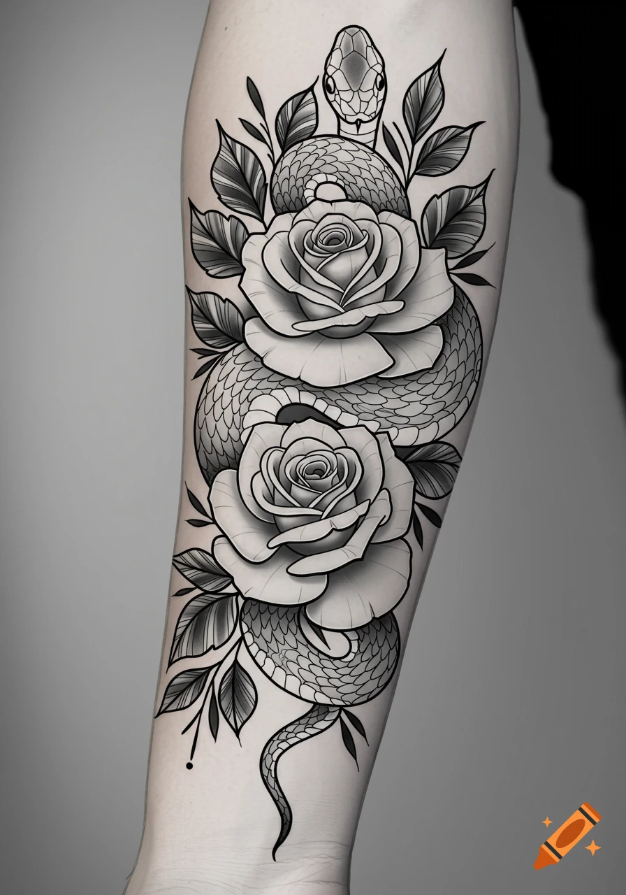 Black and white tattoo design of a snake wrapped around two roses on an arm.