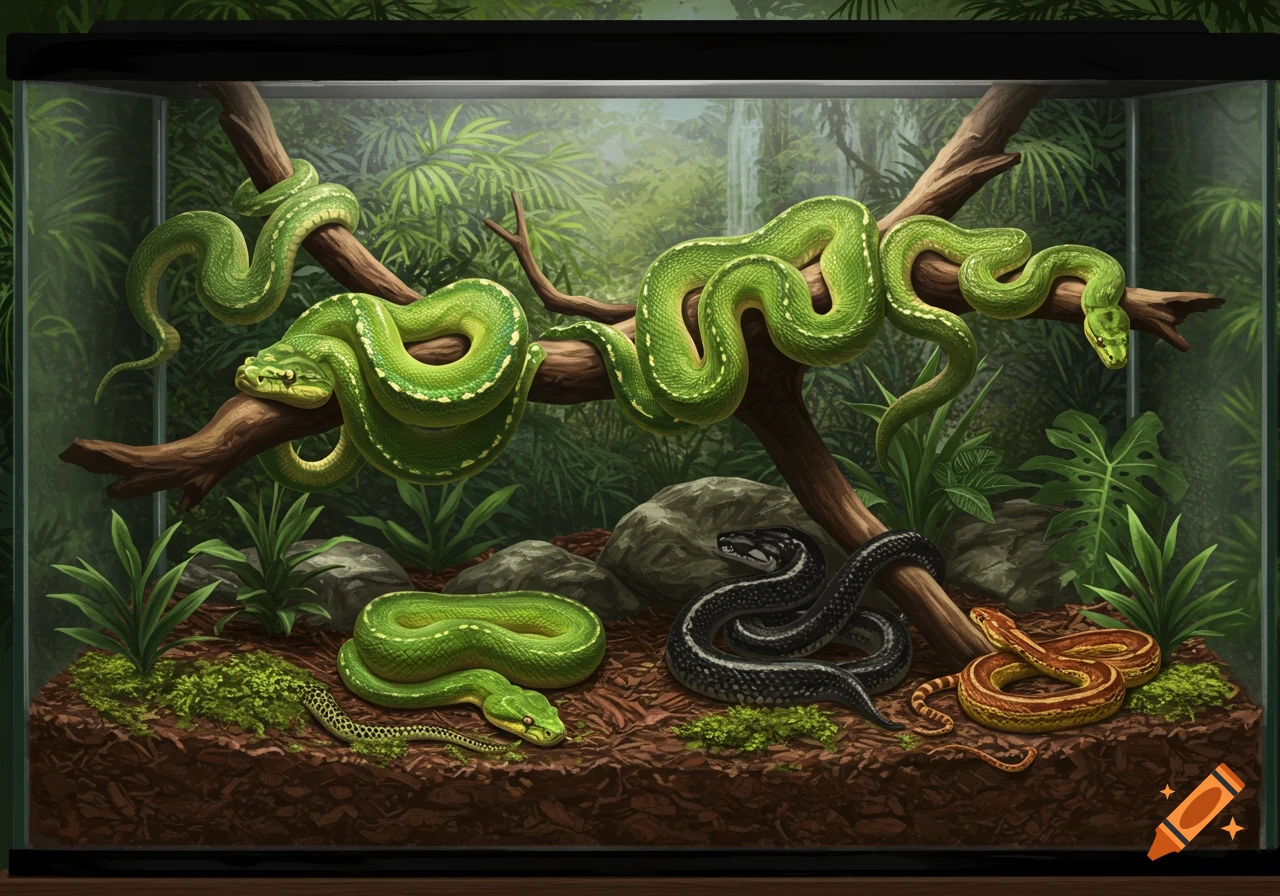 Several snakes in a glass tank with branches, rocks, and plants.