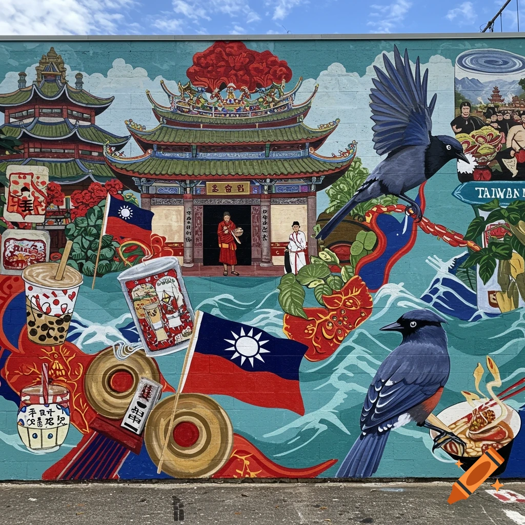Colorful mural celebrating Taiwanese culture with a temple, flags, birds, and food.