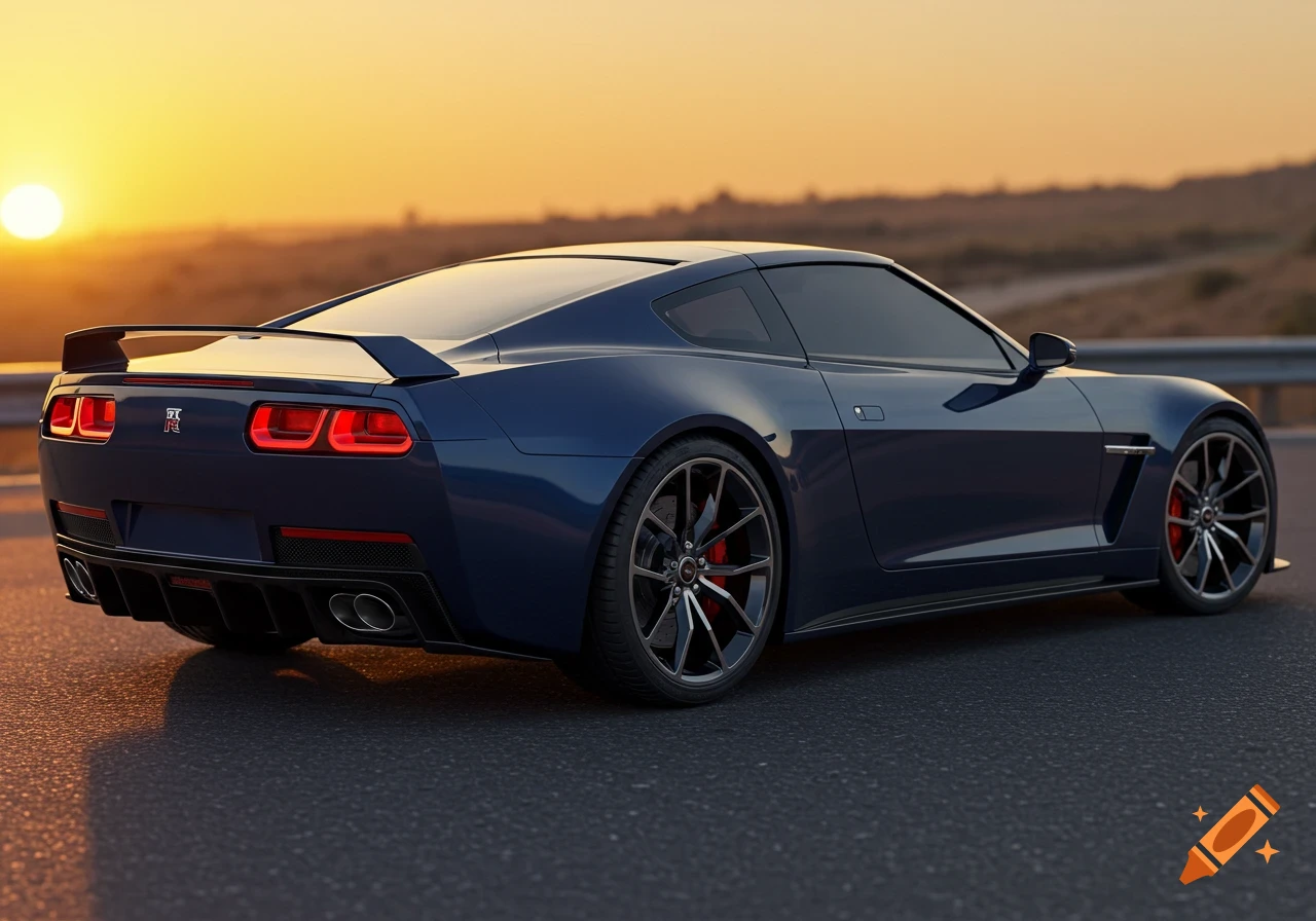 Blue sports car driving on a road at sunset
