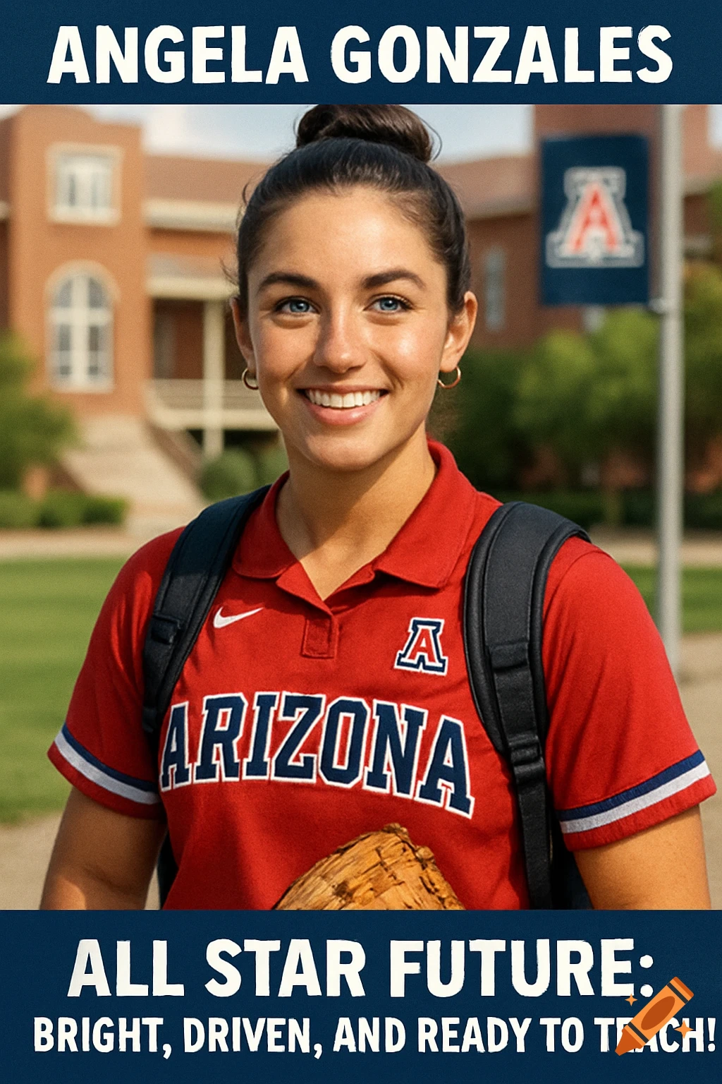 Young woman smiling in University of Arizona athletic gear with a backpack and baseball glove, with text banners.