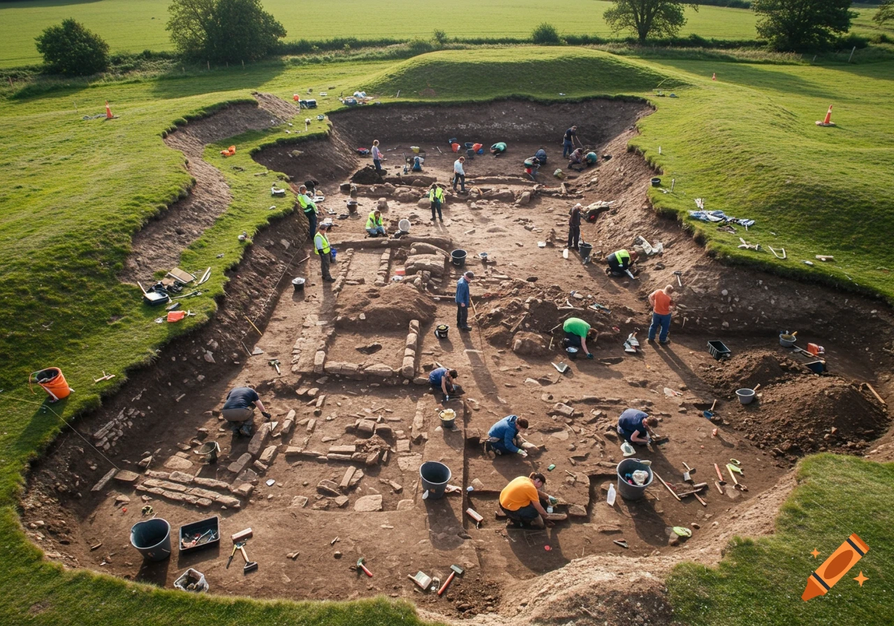 Aerial view of archaeologists excavating a large trench at an outdoor site
