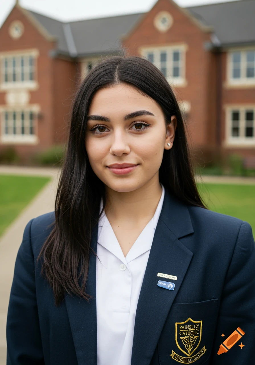 A young woman in a navy school uniform stands outside a brick building.
