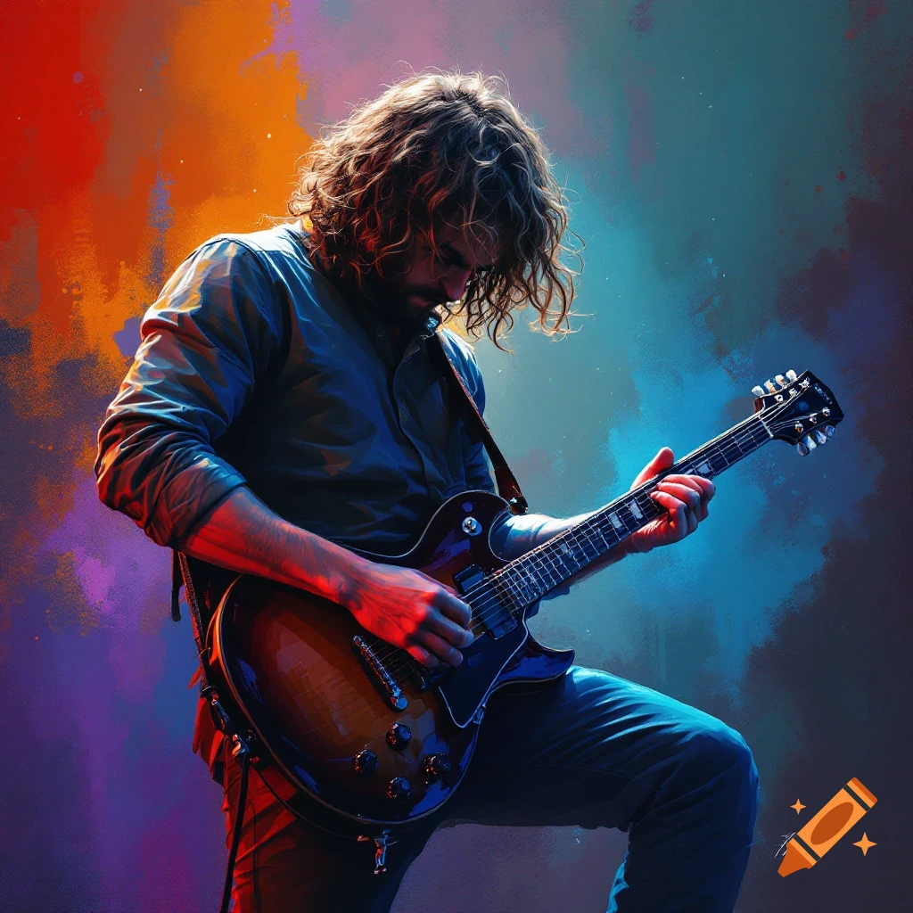 Artistic portrait of a man with long curly hair playing electric guitar against a colorful background.
