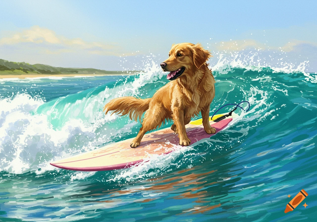 A golden retriever dog surfs on a wave on a sunny day.