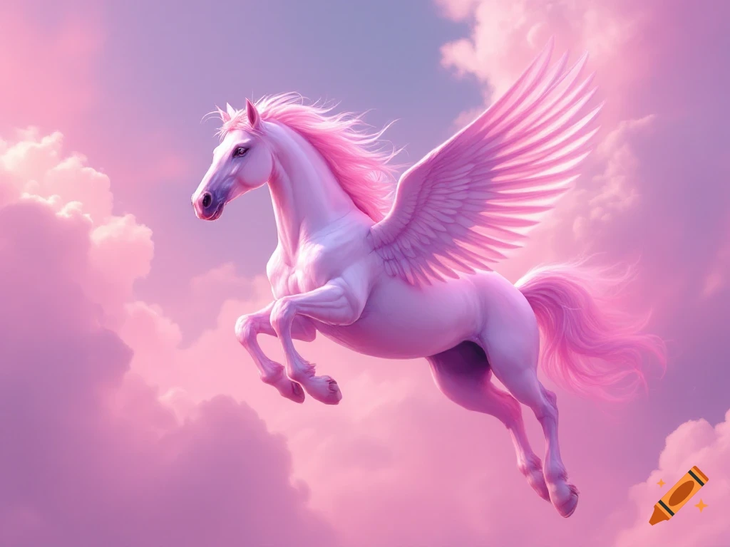 A pink pegasus flies through a sky filled with pink and purple clouds.