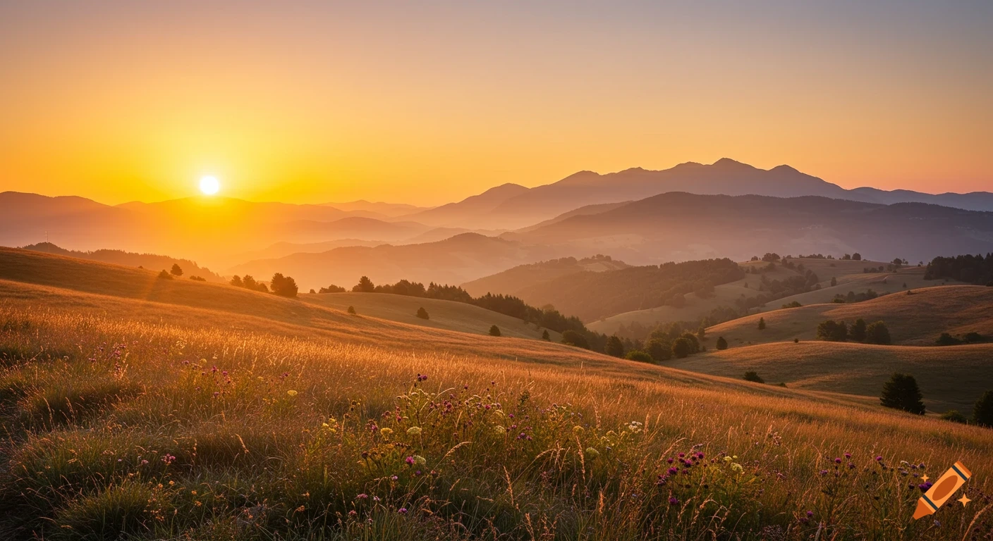 Sunrise over rolling hills and mountains with golden light.