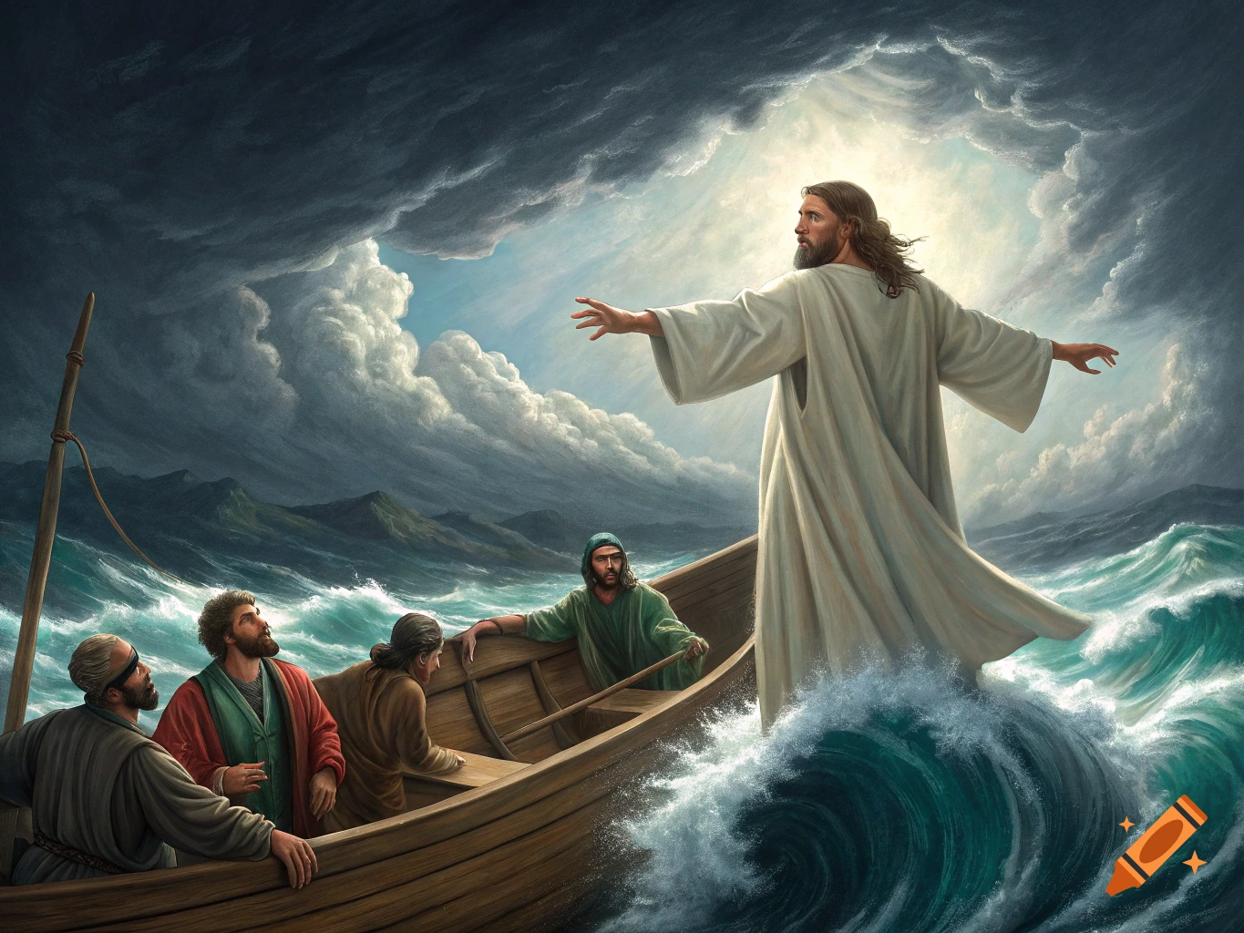 Jesus walks on stormy sea next to a boat of disciples under dramatic clouds, painted style.