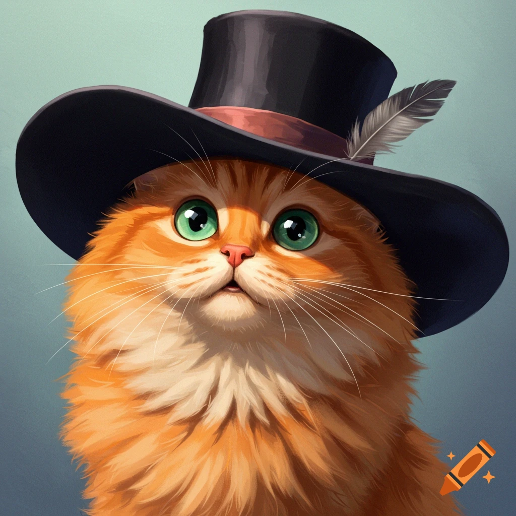 A cute ginger cat wearing a black top hat with a feather.