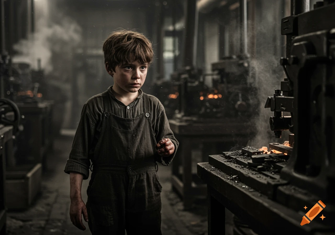 A somber child in dirty overalls stands in a dark, dusty factory from the early 1900s.