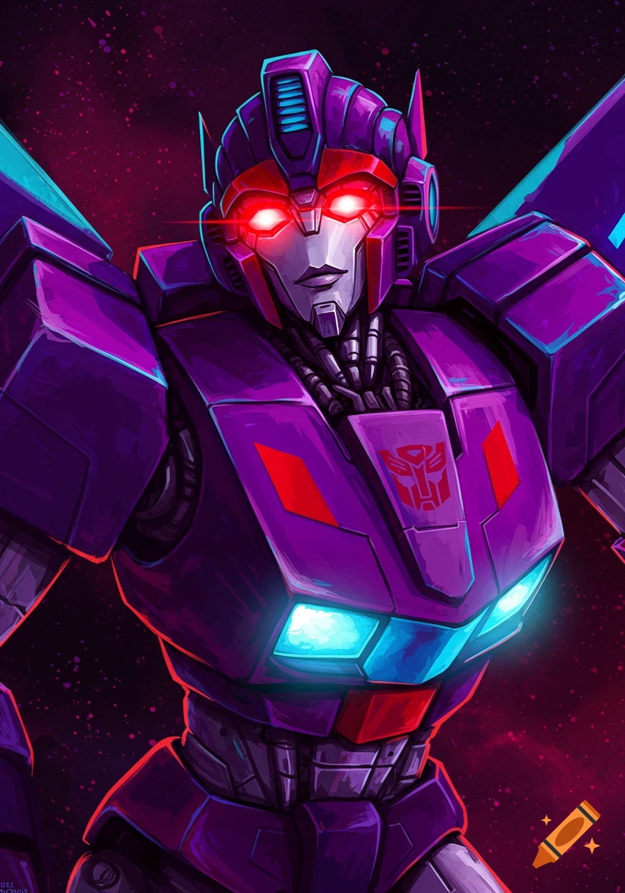 Digital painting of a purple Autobot Transformer with glowing red eyes.