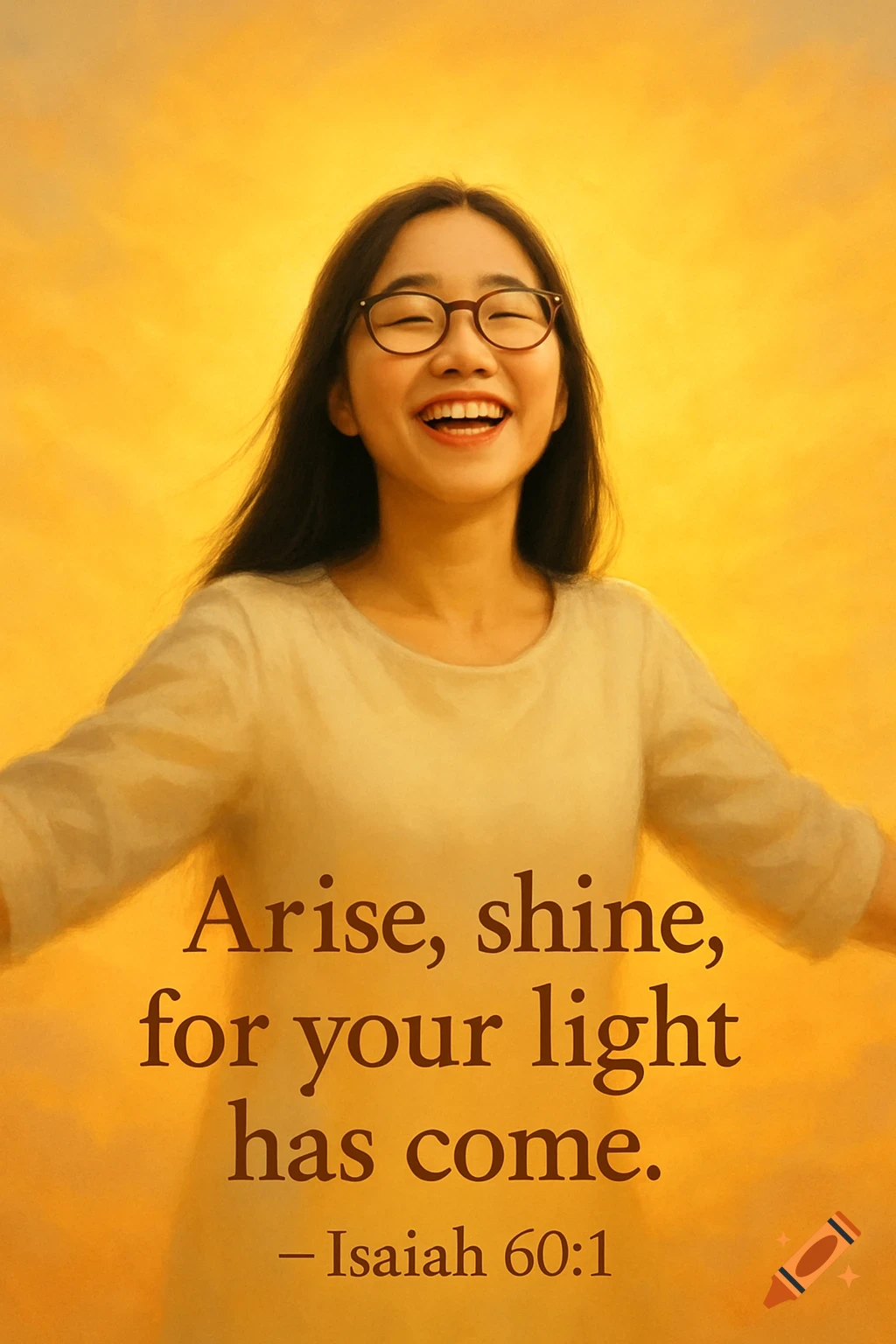 Digital painting of a joyful Korean woman with glasses in golden light with outstretched arms and a Bible verse overlaid.