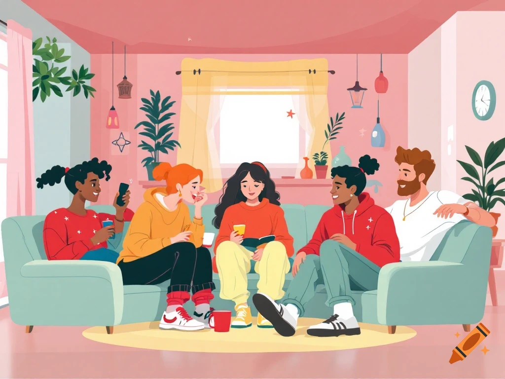 Illustration of five friends sitting on a couch in a living room, talking and relaxing.