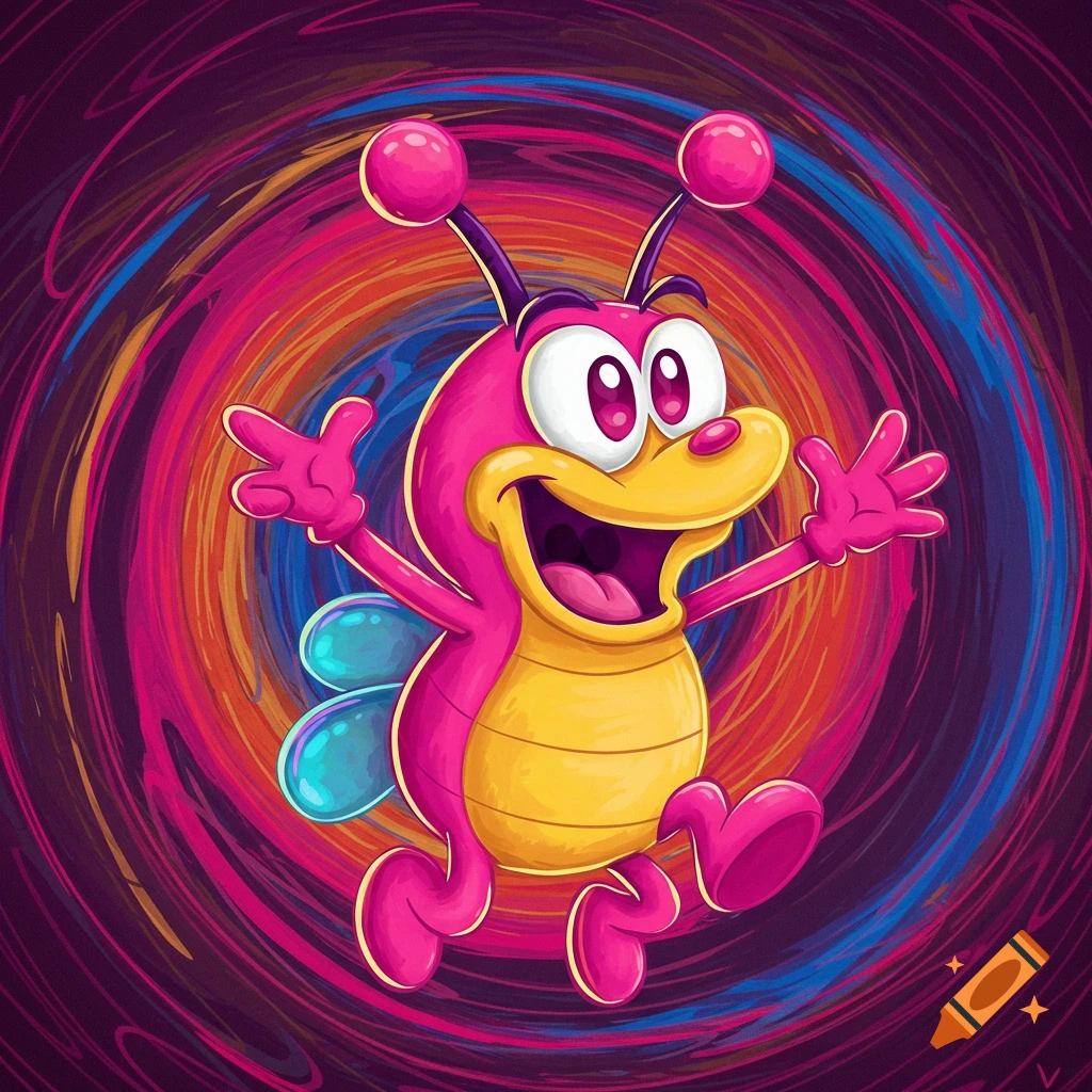 Cartoon bug character jumps with arms out against a swirling colorful background.