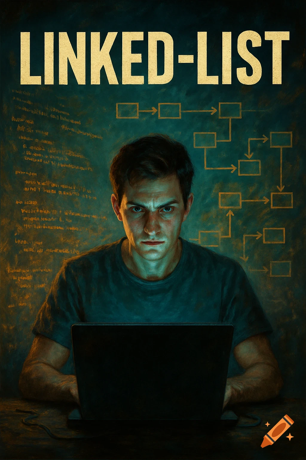 Dramatic poster of a man on a laptop with 'LINKED-LIST' text and diagrams behind him.