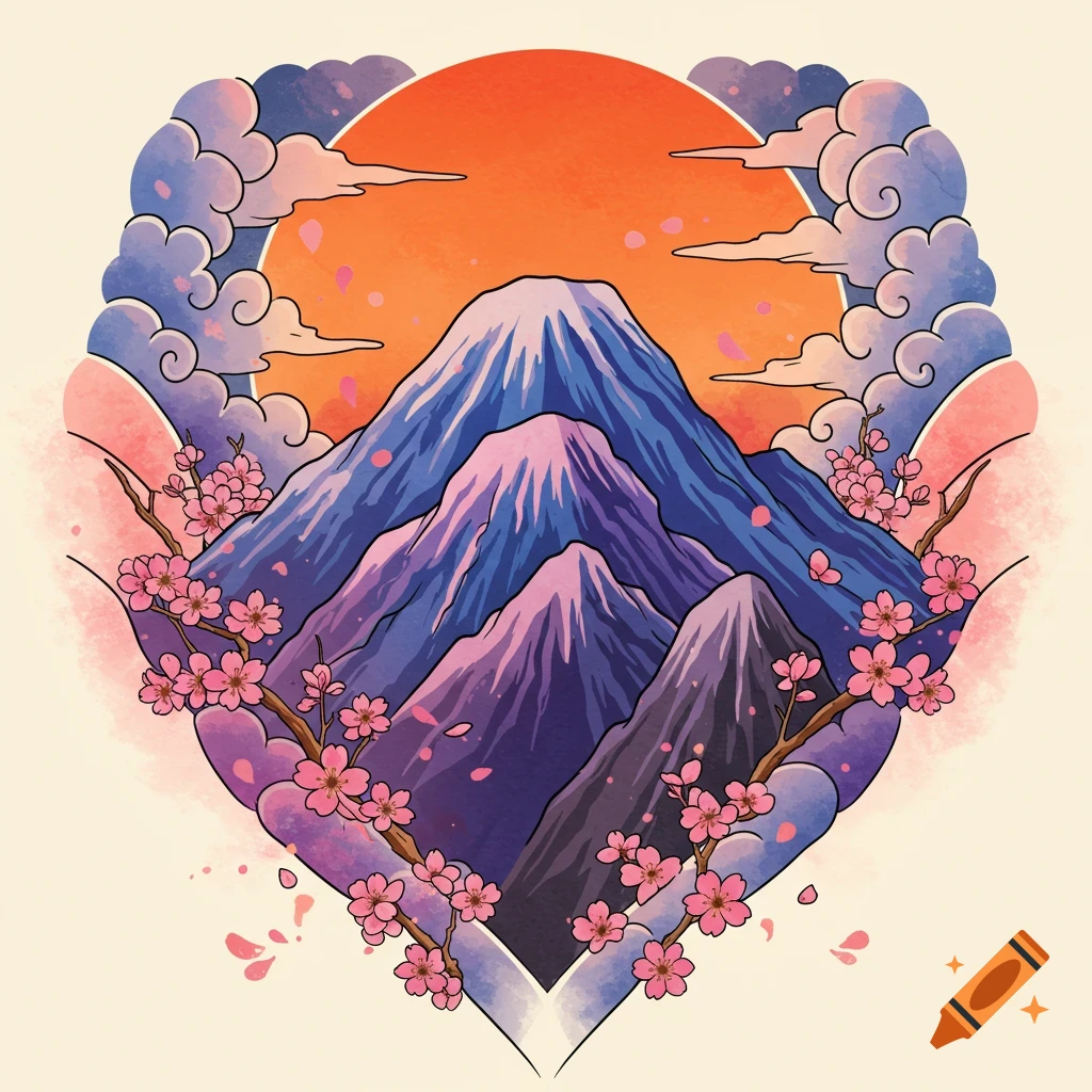 Stylized mountain scene with cherry blossoms and sun in a heart shape.