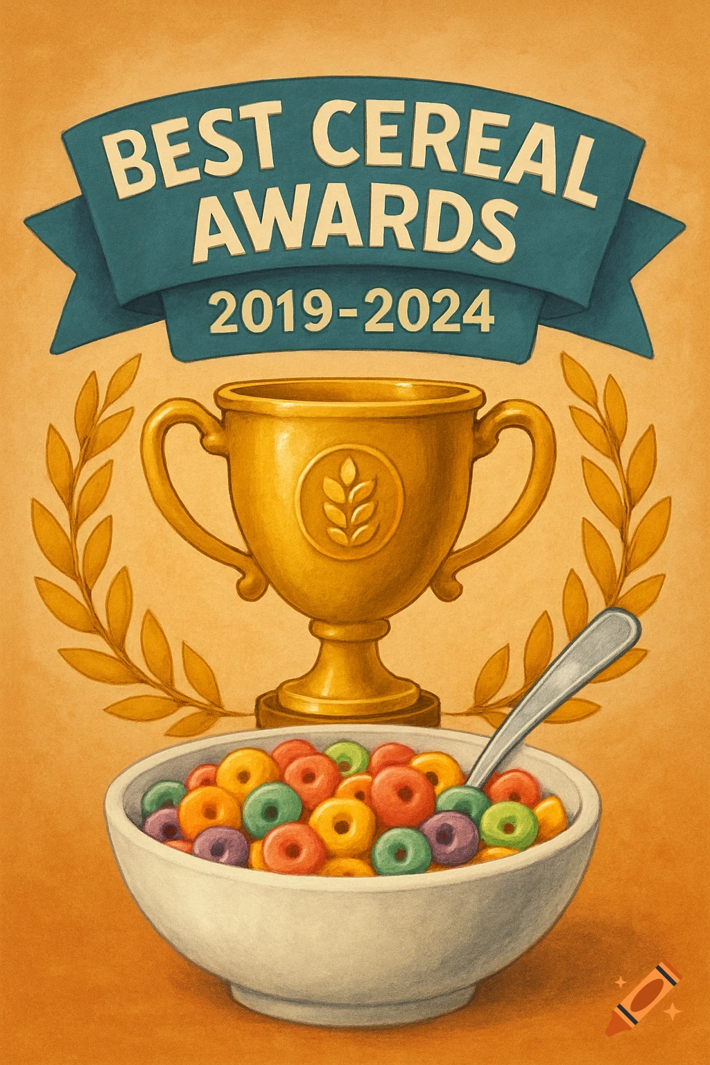 Illustration of a gold trophy and a bowl of colorful cereal under a banner reading 'Best Cereal Awards 2019-2024'.
