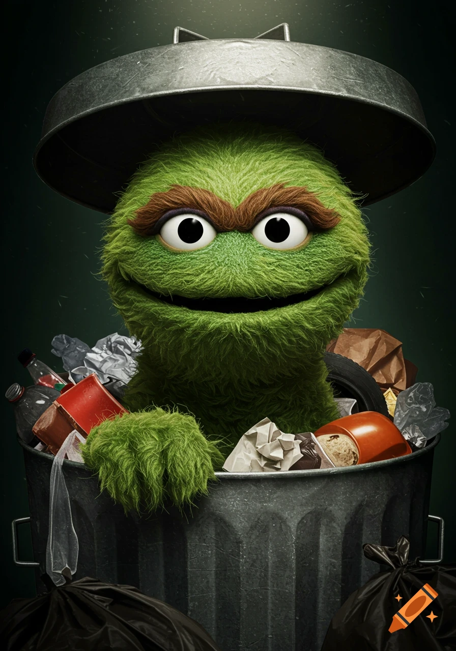 A realistic, photorealistic depiction of Oscar the Grouch in his trash can, smiling.