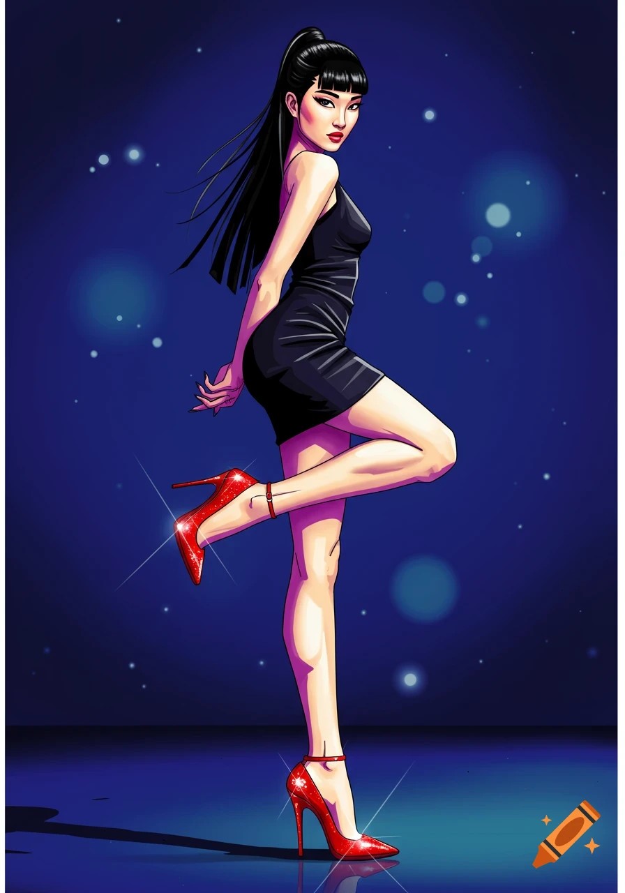 Stylized illustration of a woman in black dress and red high heels ...