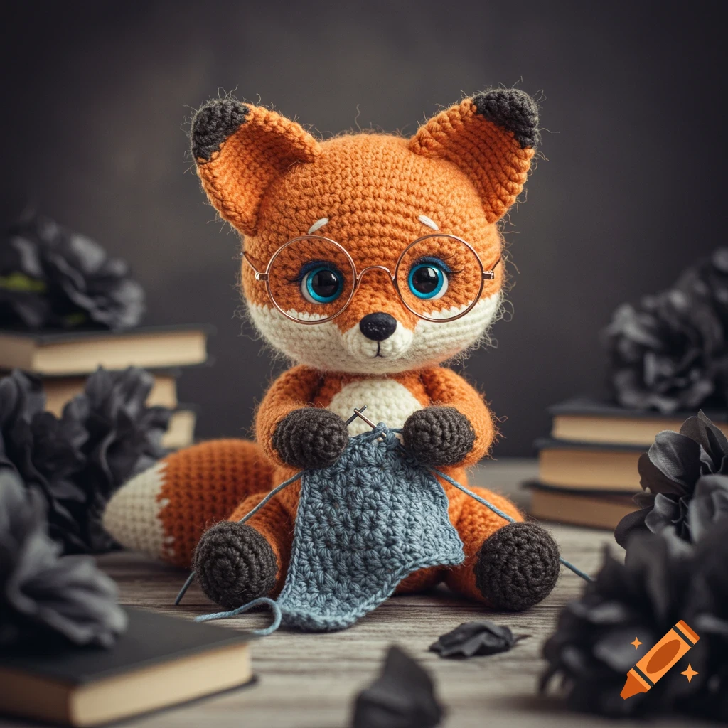 A cute crocheted fox wearing glasses sits and crochets, surrounded by books and dark flowers.