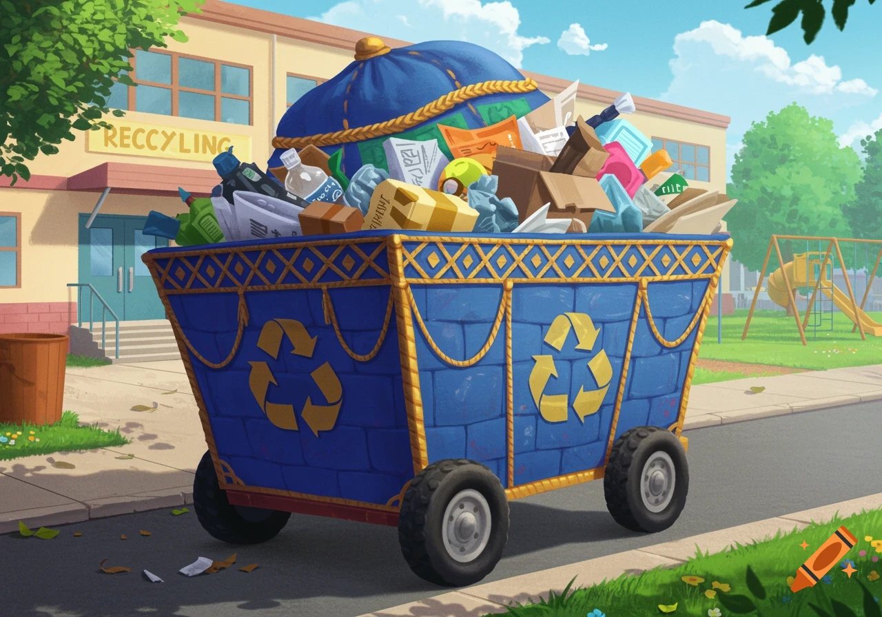 A large, ornate blue recycling cart overflowing with trash sits in front of a school building and playground in a cartoon style.
