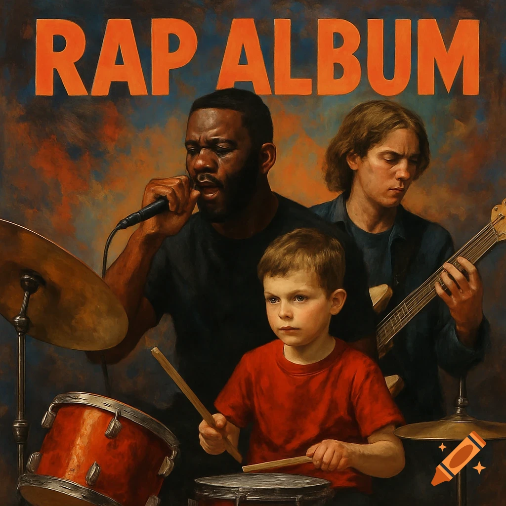 A band playing music with the text RAP ALBUM above them, in a painterly style.