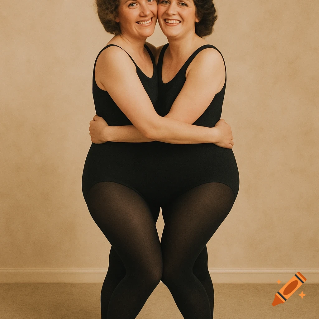 Two smiling women hug, creating a two-headed illusion, wearing black leotards and tights in a vintage-style studio photo.