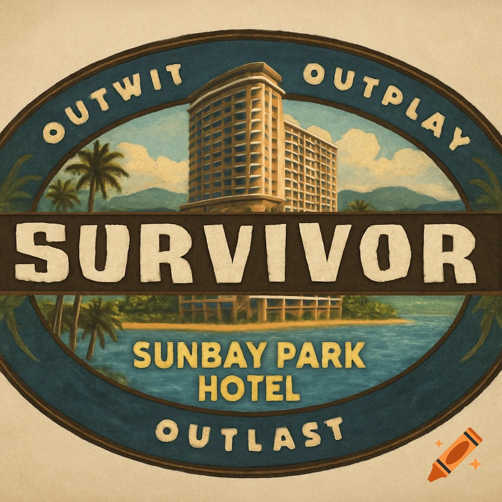 Oval logo badge with a hotel, palm trees, and text 'OUTWIT OUTPLAY OUTLAST SURVIVOR SUNBAY PARK HOTEL'.