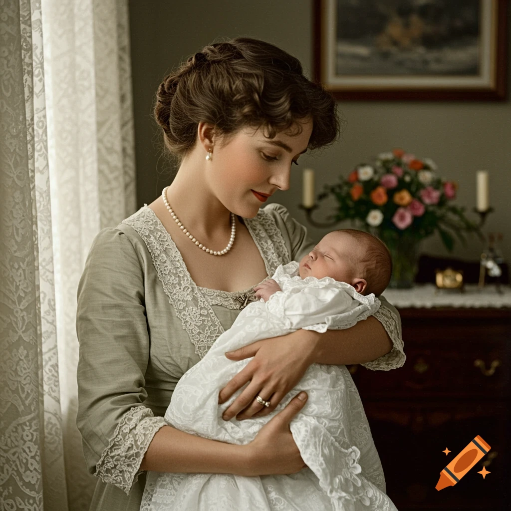 A woman in historical attire holds a swaddled baby, looking down gently. It resembles a classic portrait.