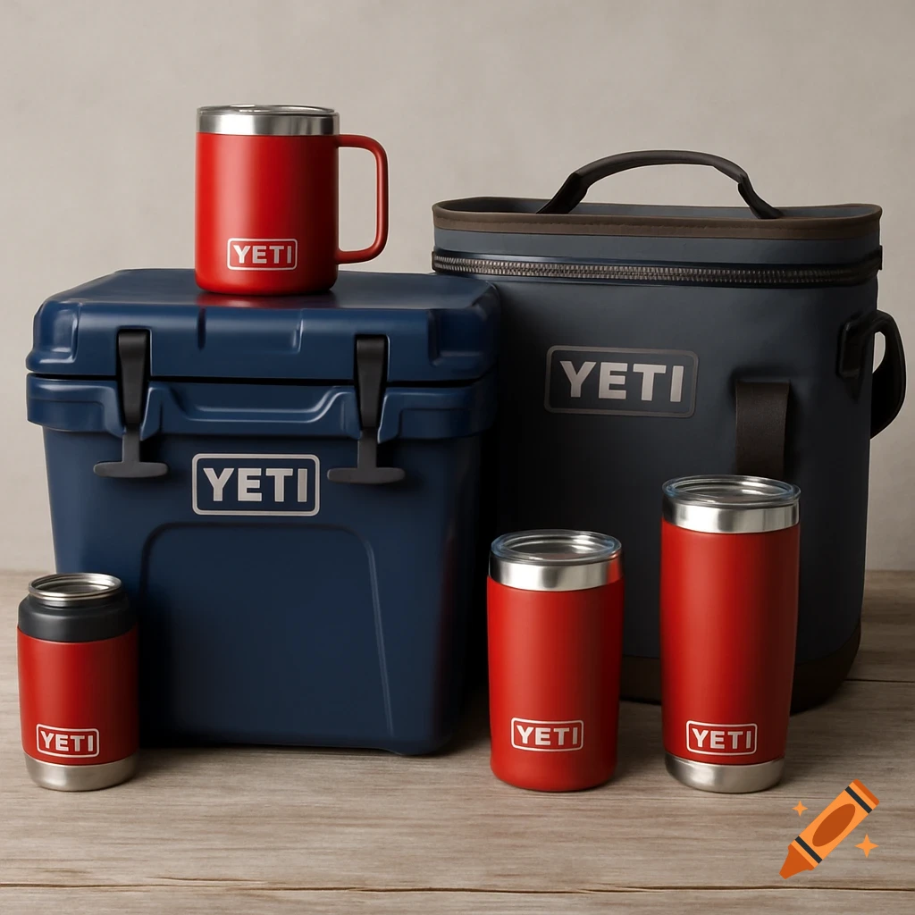 Still life photo of a navy Yeti hard cooler, a navy soft cooler, a red mug, and three red tumblers.