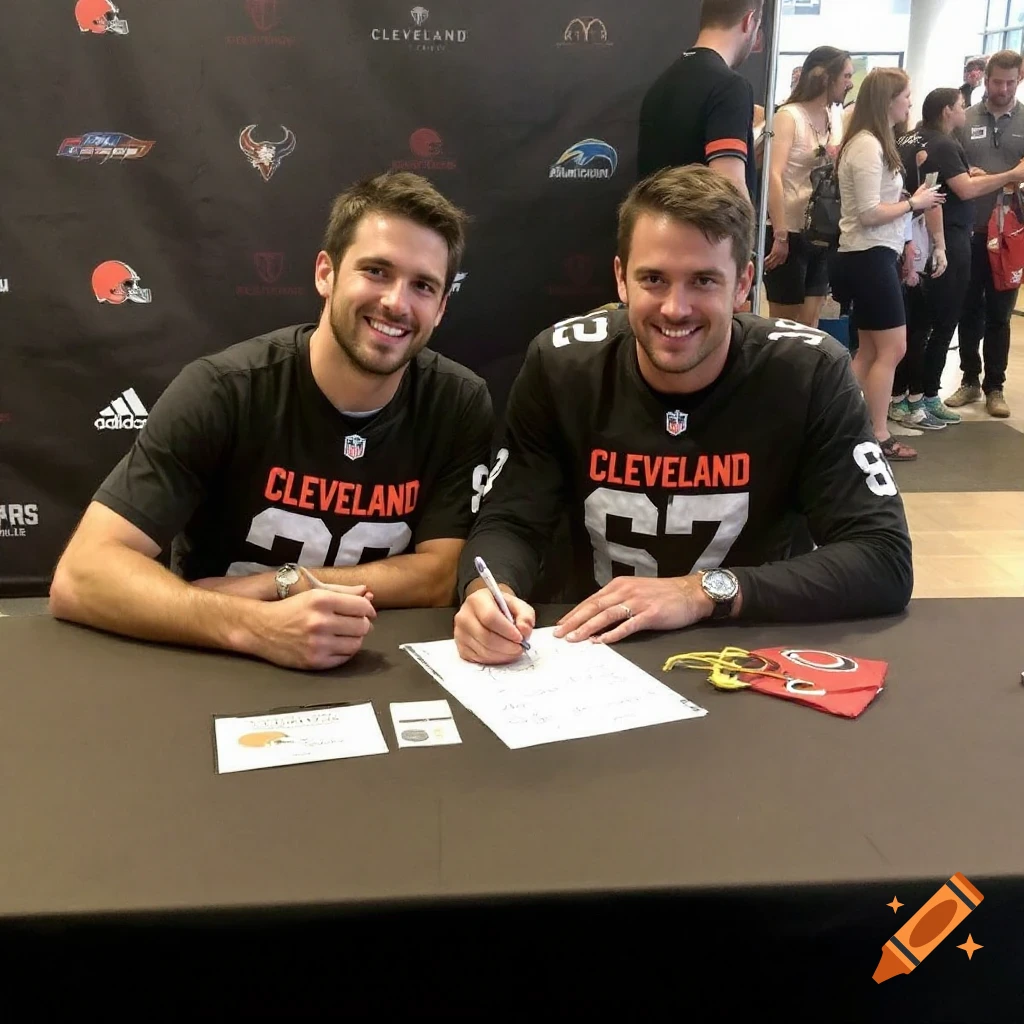 Two men in Cleveland Browns shirts sign documents at a table.