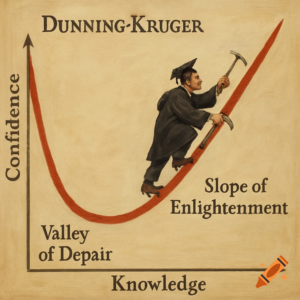 Illustration of the Dunning-Kruger graph with a man climbing the slope of enlightenment out of the valley of despair.