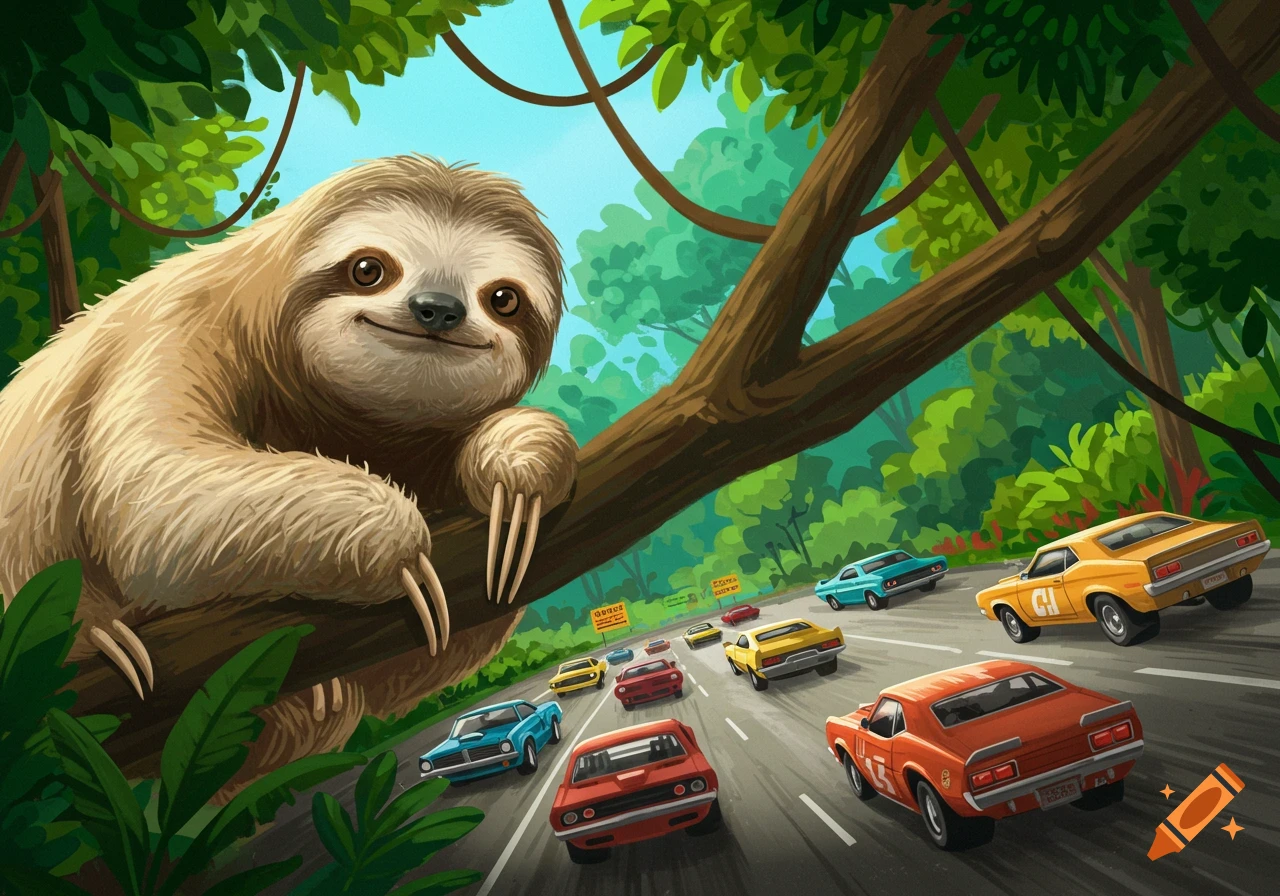 A cartoon sloth watches from a tree as classic cars race on a road through a jungle.