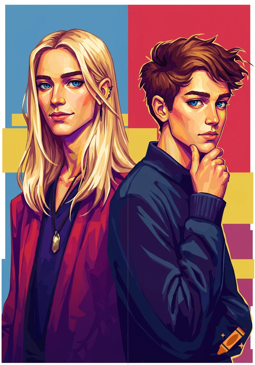 Two people, one with long blond hair and one with short brown hair, in a graphic art style.