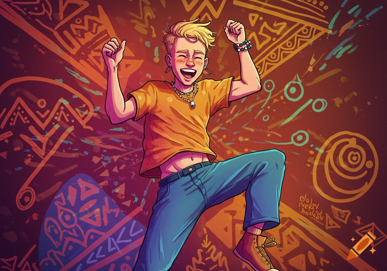 Illustration of a person dancing energetically against a background with vibrant tribal patterns.
