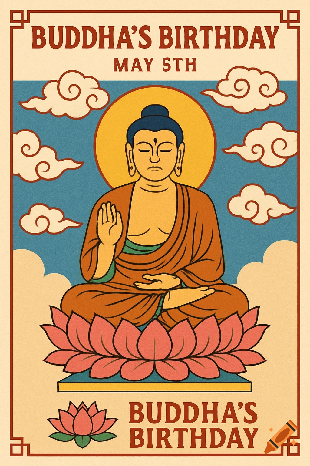 Illustration of Buddha sitting on a lotus in a vintage poster style, with text 'Buddha's Birthday May 5th'.