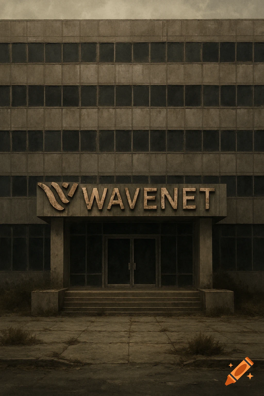 Entrance of a run-down building with a 'WAVENET' sign above the door.
